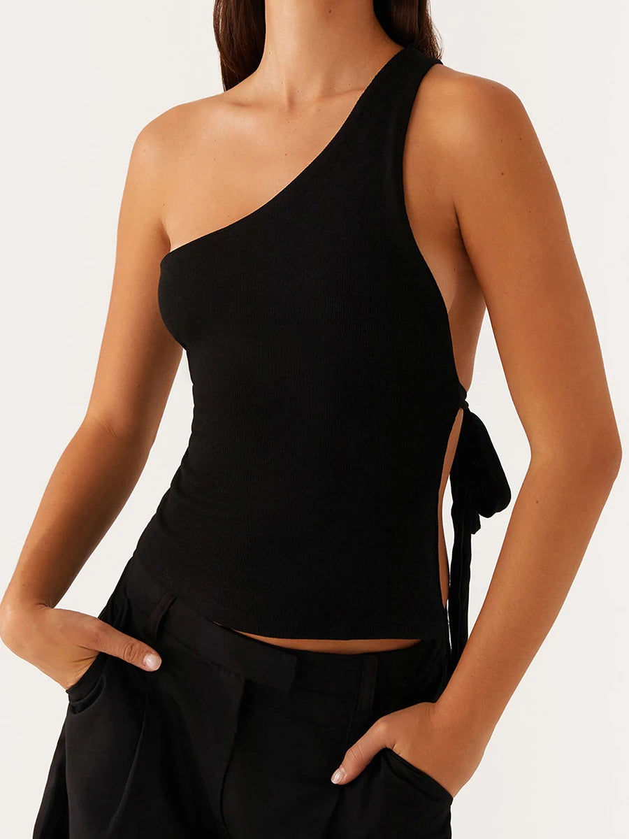 Women Off One Shoulder Tank Tops Solid Color Stylish Side Tie Design Vest Summer Fashion Streetwear