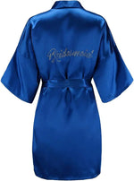 Women's Satin Kimono Robes with Rhinestones Bride Bridesmaid Short Getting Ready Wedding Dressing Gown