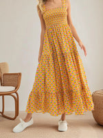Women Summer Bohemian Floral Print Sundress Smocked Square Neck Sleeveless Backless A-line Long Tiered Ruffle Dress with Pockets