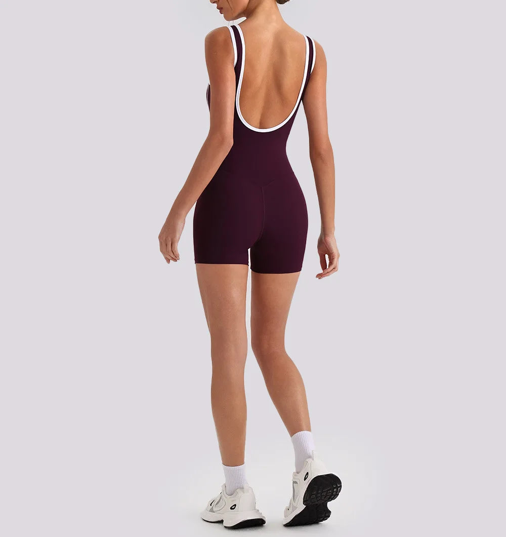 Sexy Sleeveless Backless Scrunch Yoga Jumpsuit Women Color-block U Neck Slim Sports One Piece Suits Tight Fitness Gym Overalls