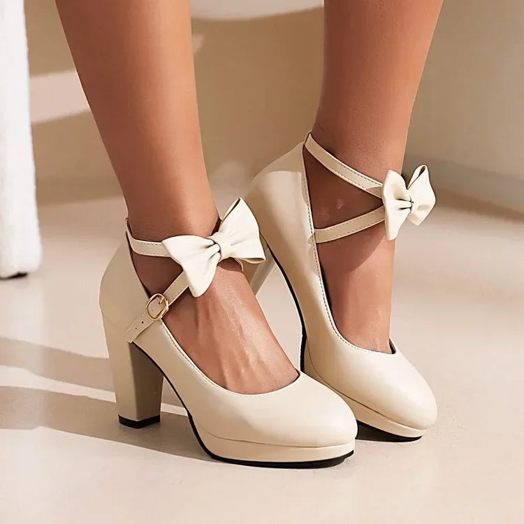 Spring and Autumn New Style Fashion Round Head High-heeled Women's Shoes Sweet Bow Shallow Mouth Buckle Thick Heel Women Shoes