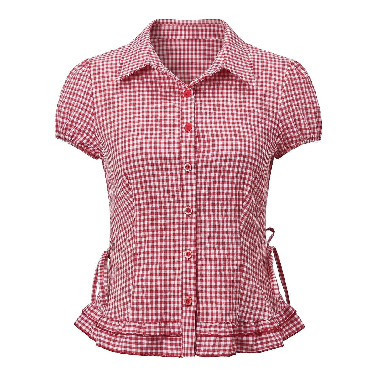 Women Plaid Shirts Button Down Puff Short Sleeve Lapel Neck Tops Fashion Slim Fit Ruffle Trim Blouses Summer