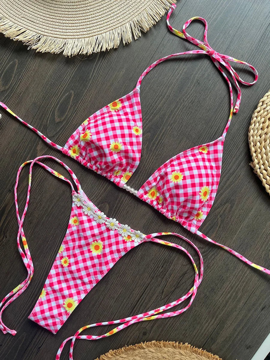 3D Flowers Halter Plaid Bikini Women Swimsuit Female Swimwear Two Pieces Bikini Set Mini Micro Thong Bathing Suit Swim Beachwear
