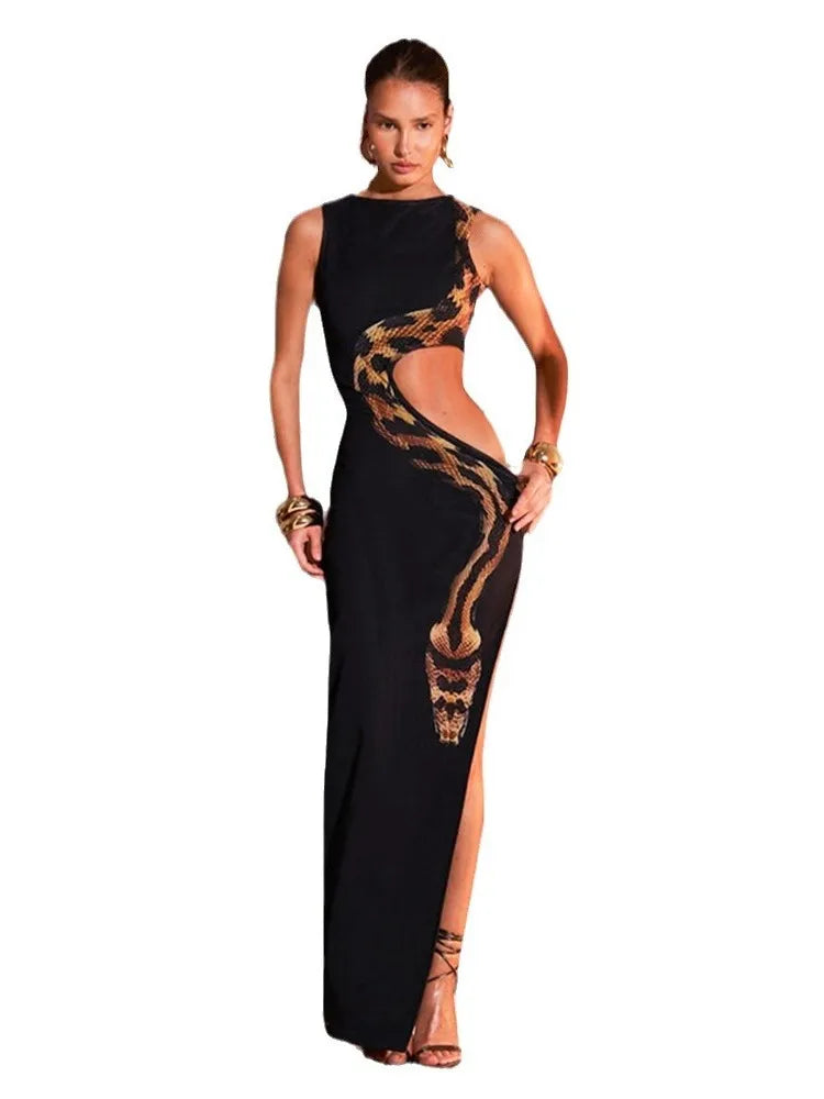 Snake Print Cut Out Slim Long Dress Women Fashion Sexy Package Hip Bodycon Slit Sleeveless Dresses Club Party Vestidos 2025 New