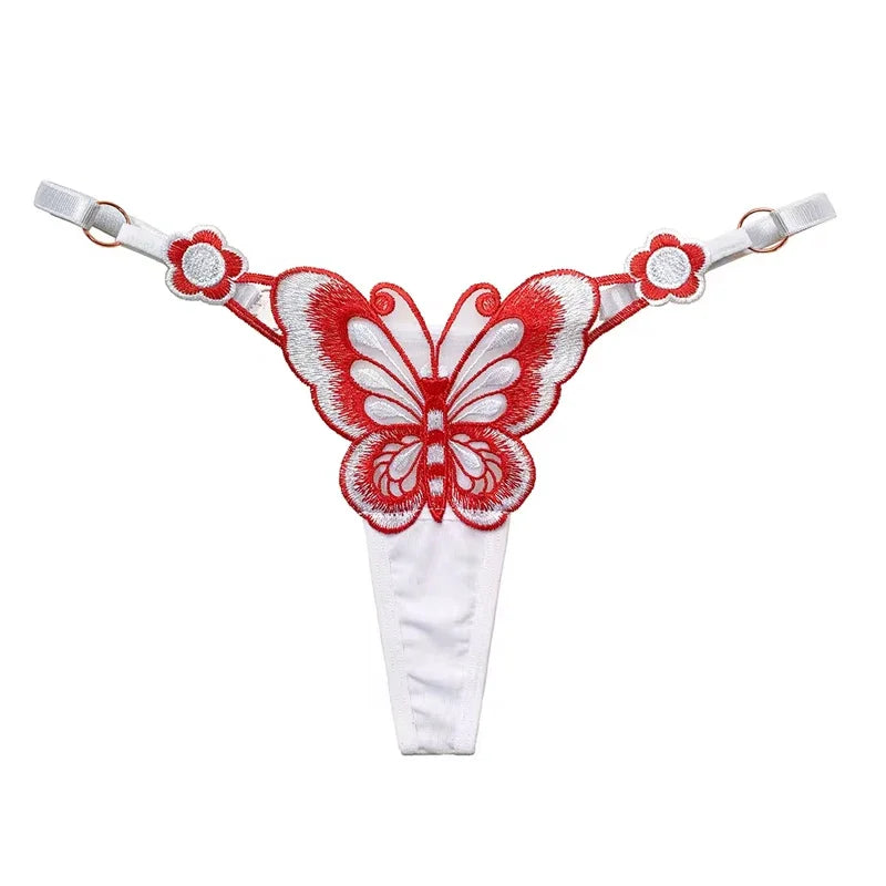 Women Butterfly Embroidery Thong Panties Sexy Lace G String Adjustable Strap Low Rise Underwear Soft Breathable Lingerie