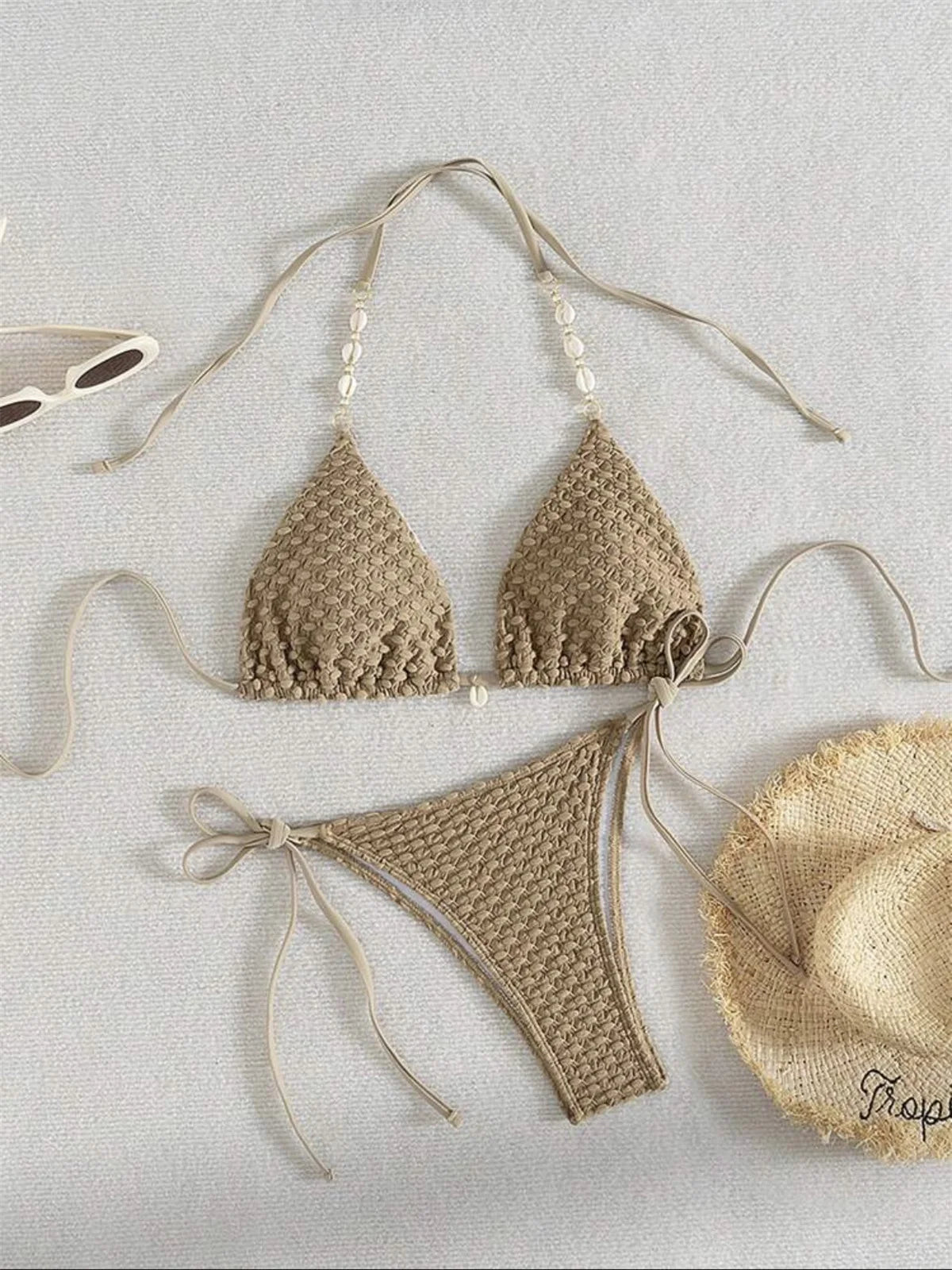 Sexy White Shell String Bikini 2026 Women Luxury Push Up Bra Tie Side Thong Swimsuit Brazilian Beach Bathing Suit Micro Swimwear