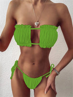 Elegant Purple Swimwear Women Sexy Off Shoulder Pleate Bikini Bandeau Hollow Out Lace-Up Push Up Bathing Suit Thong Swimsuit