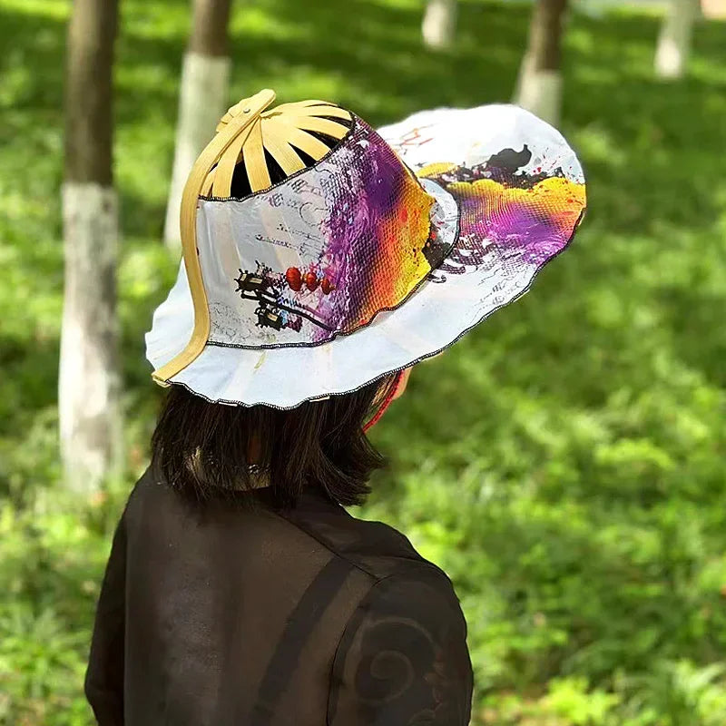 Multi-functional Travel Wide Brim Fan Sun Hats Foldable Bamboo Fan Hat Summer Sunshade Anti-squat Caps Fashion