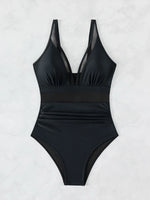 Sexy Black One Piece Swimsuit 2026 Women Mesh Patchwork Transparent Tummy Control Swimwear Bathing Suit See Through Monokini