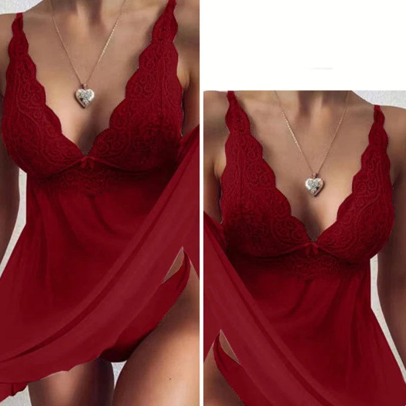 Sexy Nightdress Lace Transparent Lingerie For Women Deep V Sleepwear Sleeveless Babydoll Female Underwear Nightgowns Sleepdress