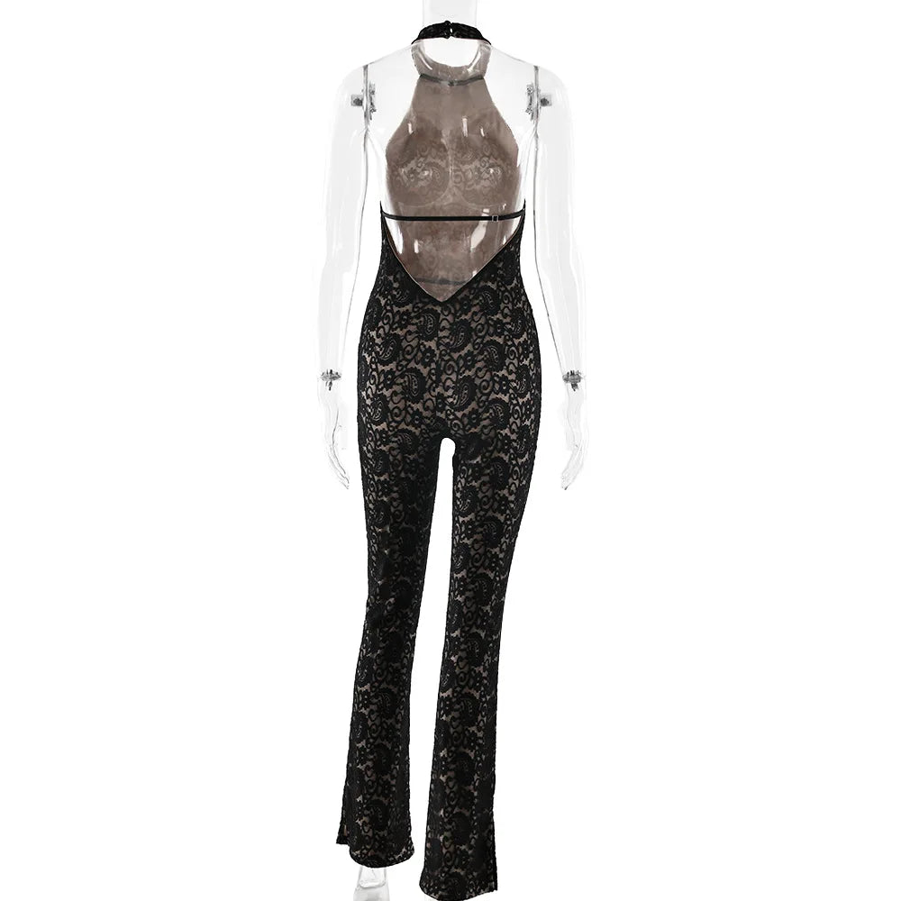 FDYOUI Women's Halter Neck Backless Evening Party Jumpsuits Lady Elegant Sleeveless Lace Overalls One Piece Bodysuit Streetwear