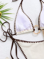 Sexy Beige Contrast Micro Bikini Women Metal Circle Push Up Bra Bandage Thong Swimsuit 2026 Summer Holiday Bathing Suit Swimwear