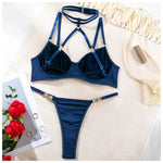 Toucheart 2-Piece Set Sexy Lingerie Women See-Through Halter Neck Comfortable Garter Socks Solid Color Hollow Out Underwear Set