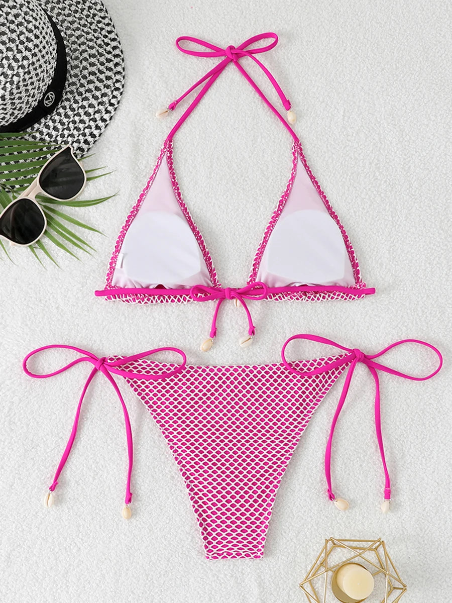 2026 Halter String Triangle Bikini Women Sexy Swimwear Female Mesh Swimsuit Solid Bathers Bathing Swimming Swim Suit Beachwear