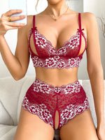 2-piece Women Contrast Blue Comfortable Underwear Lace Semi Transparent Lingerie Set Open Chest Bra And Crotchless Panties Sets