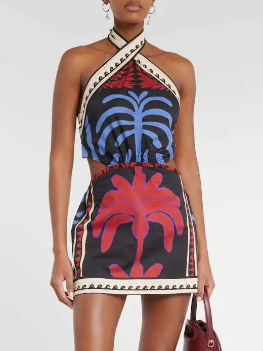 Bohemian Print Halter Neck Mini Dresses Women Sexy Backless Leace-up Beach Vacation Dress Fashion Beachwear Vestidos Summer New