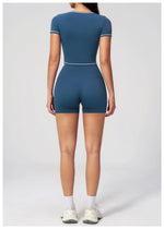 Speed Drying Tight Yoga Sets Women Color Contrast Short Sleeve Slim Sports Top High Waist Leggings Running Fitness Athletic Wear