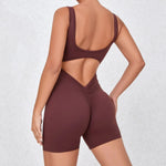 Women's Seamless Yoga Jumpsuit - Quick-Dry Nude Workout Suit with V-Neck & Sexy Back, Tight Fitness Wear for Running Gym Workout