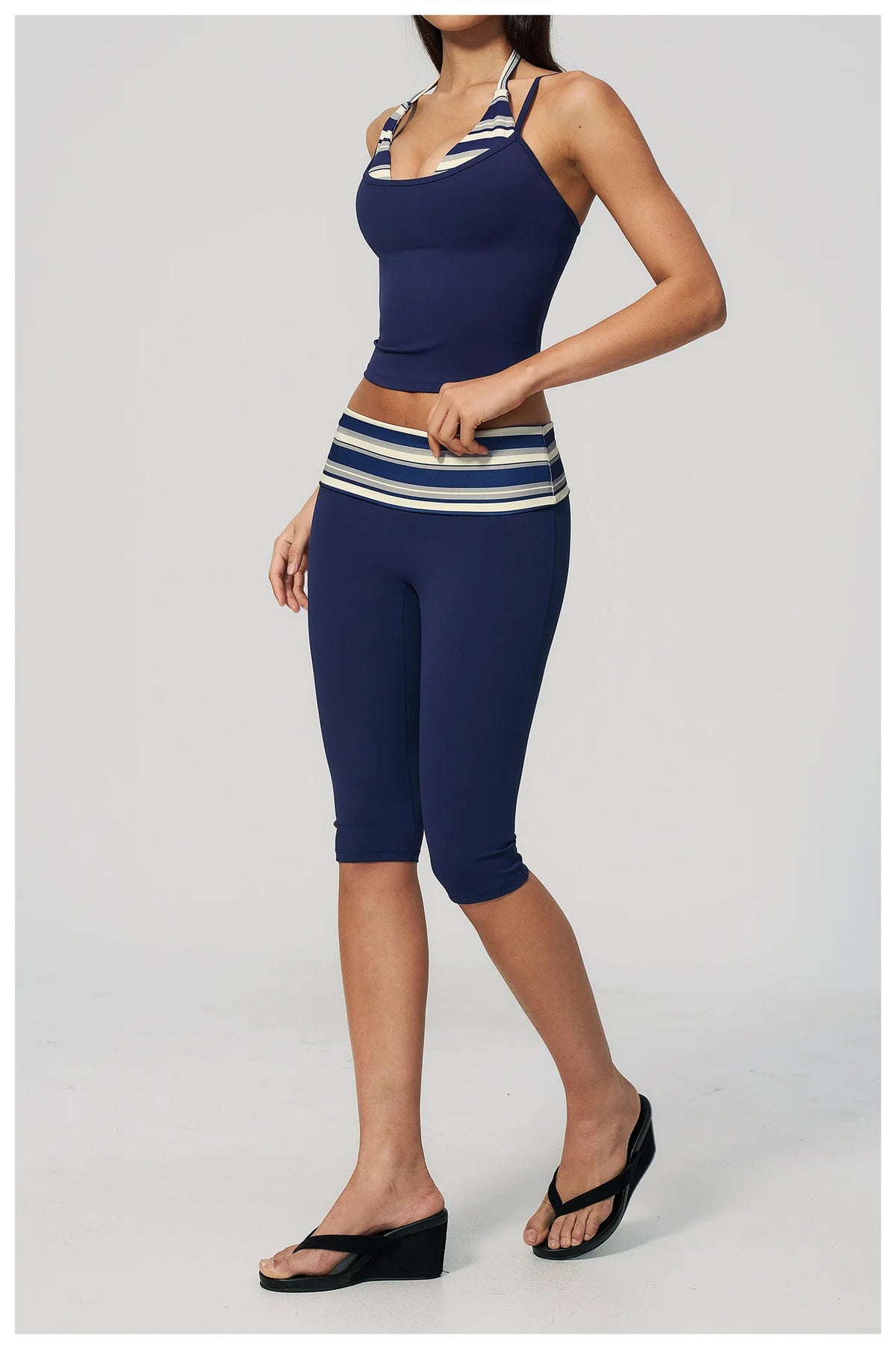 New Fake Two-piece Yoga Sets Women Striped Shock-absorbing Slim Sports Tank Top Fitness Suit Gym High Waist Mid Pants Tracksuit