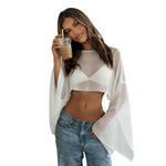 Women's Mesh Sheer Cover-ups Rhinestone Decor Long Sleeve Boat Neck Loose Fit Crop Tops See Through Sexy Beach Blouse