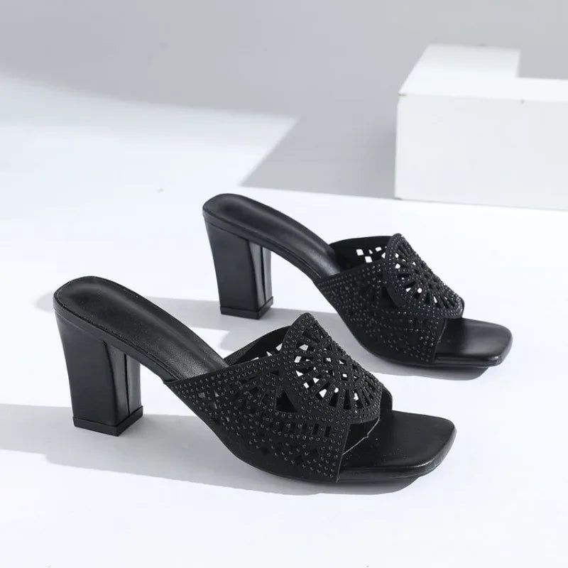 Women's Geometric Cut-Out Platform Sandals - Breathable Hollow-Out Design Slip-On Shoes with Chunky Heel for Summer Casual Wear