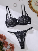 Floral Embroidery Sexy Lingerie Set Women Transparent Bralette Underwire Push Up Bra Panty 2 Piece Set