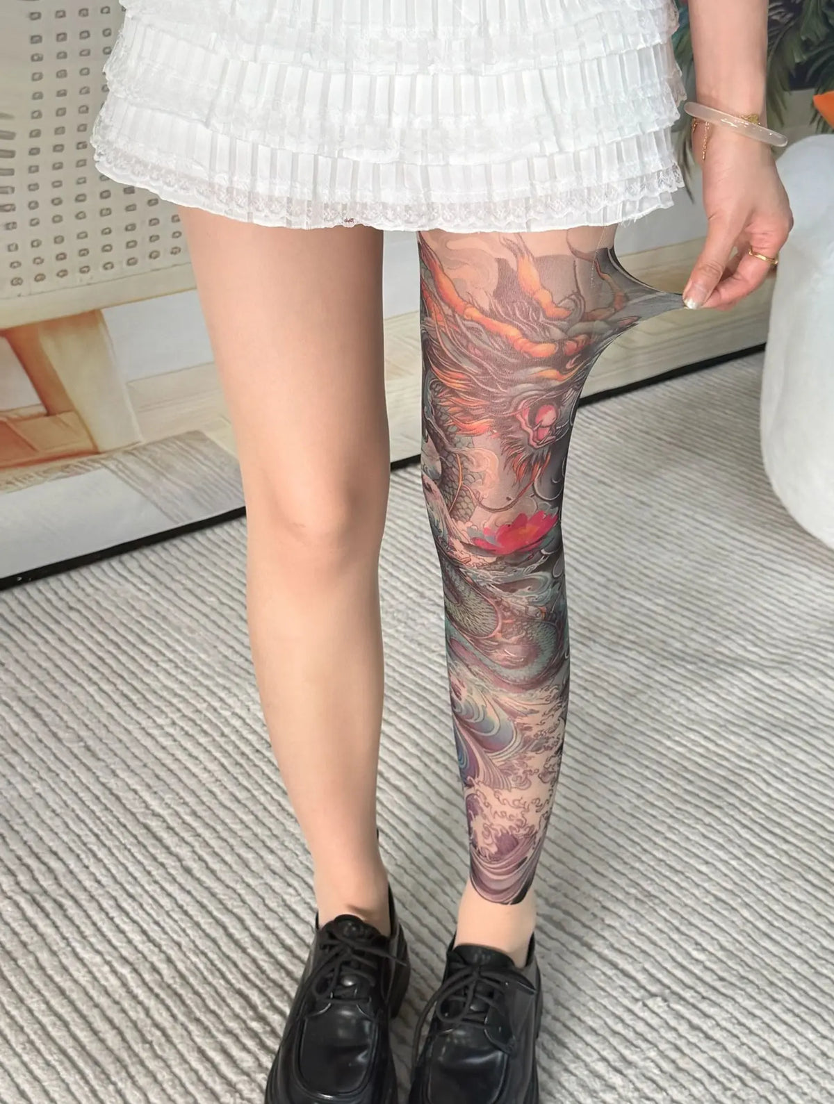 Peony Flower Leg Tattoo Stockings Summer Thin Pantyhose Long Socks With Patterns On One Side And Solid Color On The Other NTNG