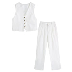 Foridol White Cotton Linen Long Pants Set Sleeveless Vest Pants Suit Office Lay Autumn Summer Wide Leg Casual Fashion Set Outfit