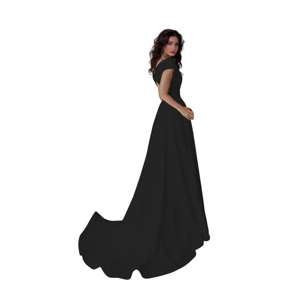 Sexy V Neck Long Prom Dress Women's Off Shoulder High Split Maxi Dress Formal Cocktail Party Evening Gown with Train