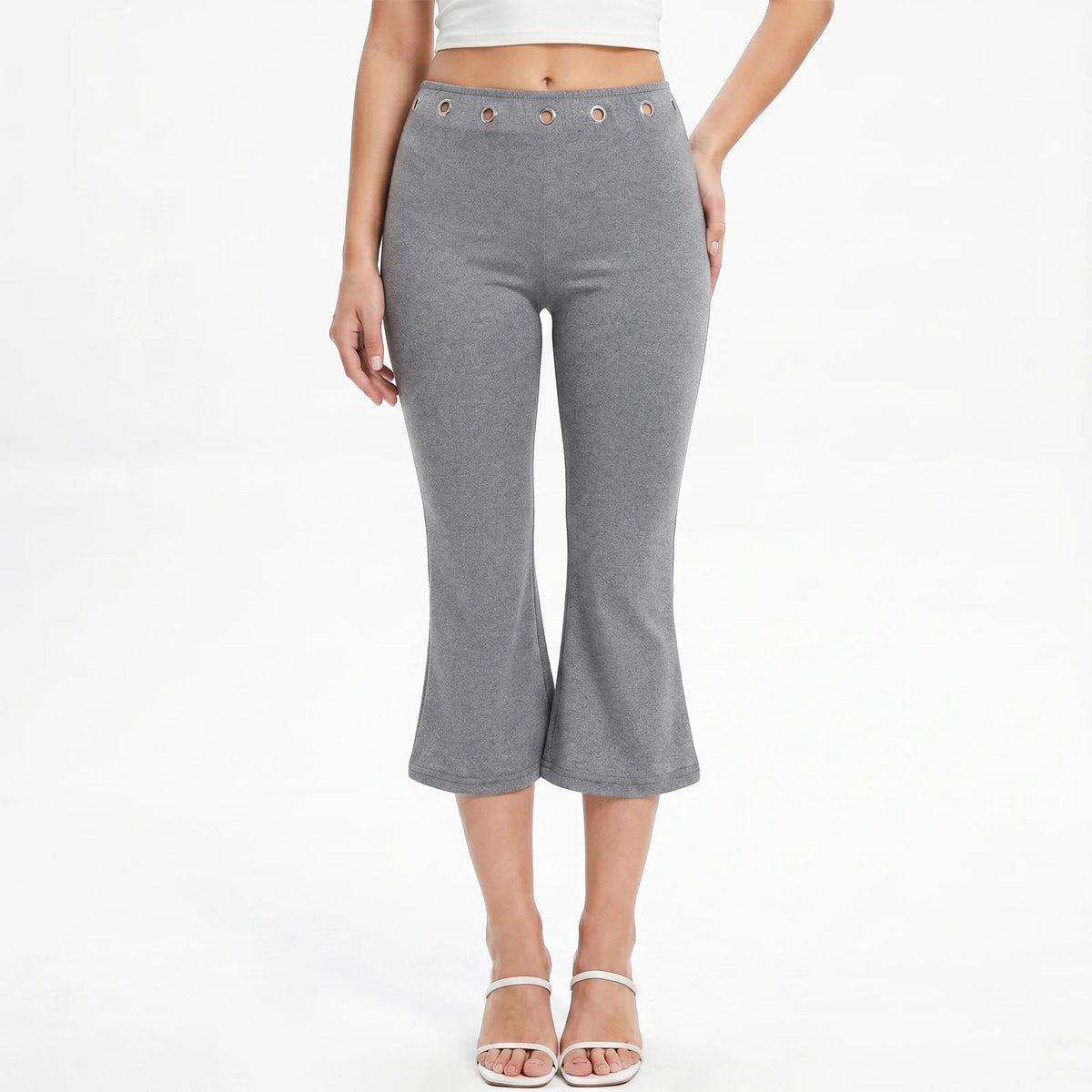 Womens Summer Cropped Pants Mid Rise Flare Trousers Stylish Casual Leg Pants with Silver Eyelet Capris