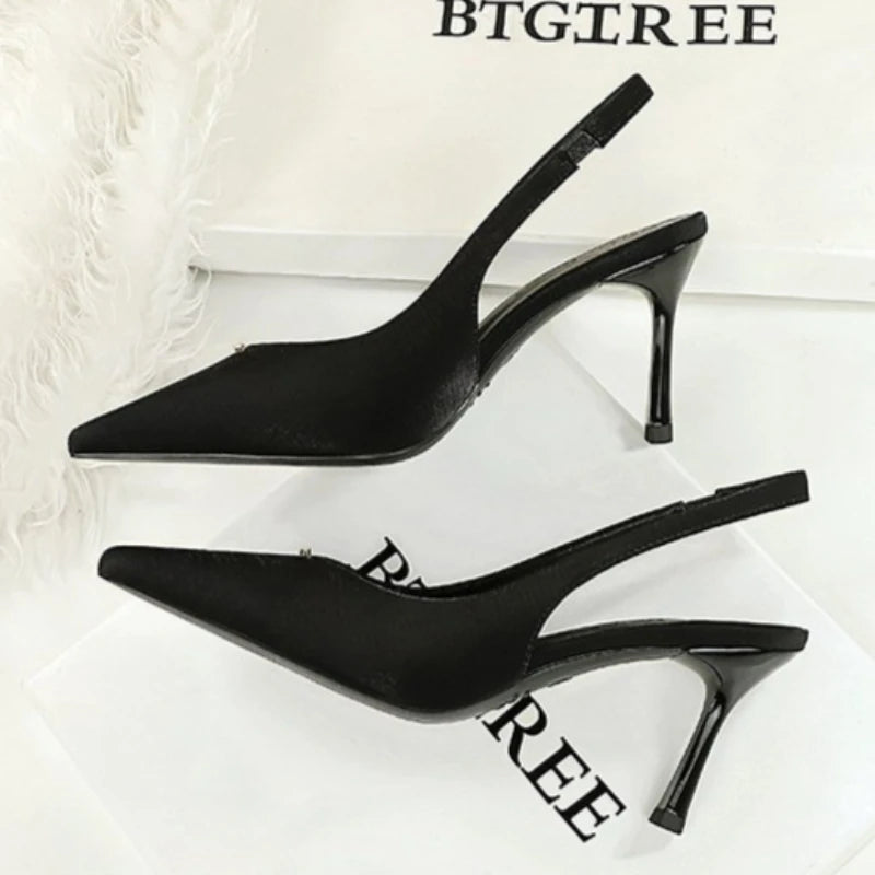 BIGTREE Shoes Sweet Metal Decoration Women Pumps Pointed High Heels silks satins heeled Sandals Women Summer Shoes Stiletto 8 cm