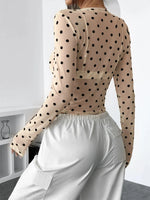 Womens Polka Dots Long Sleeve Mesh Tops Sexy See Through Sheer Blouses Shirts Going Out Crop Top Y2K Date Night Club Party Tops