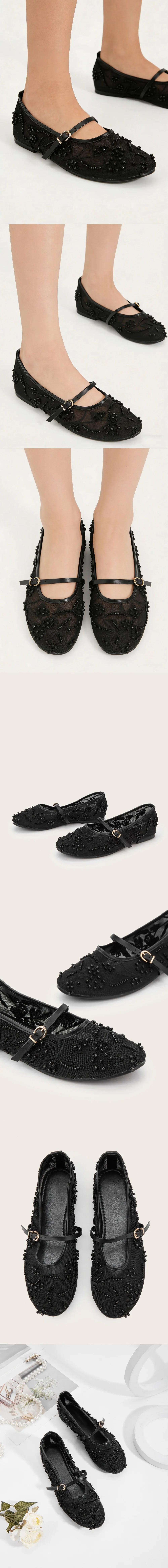 2026 Big size 42 Chic Nude Beading Flat Mary Janes Shoes Women Leisure Mesh Pearls Embroidery Comfy Walk Ballet Flats Shoes