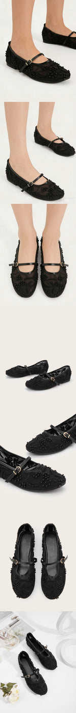 2026 Big size 42 Chic Nude Beading Flat Mary Janes Shoes Women Leisure Mesh Pearls Embroidery Comfy Walk Ballet Flats Shoes