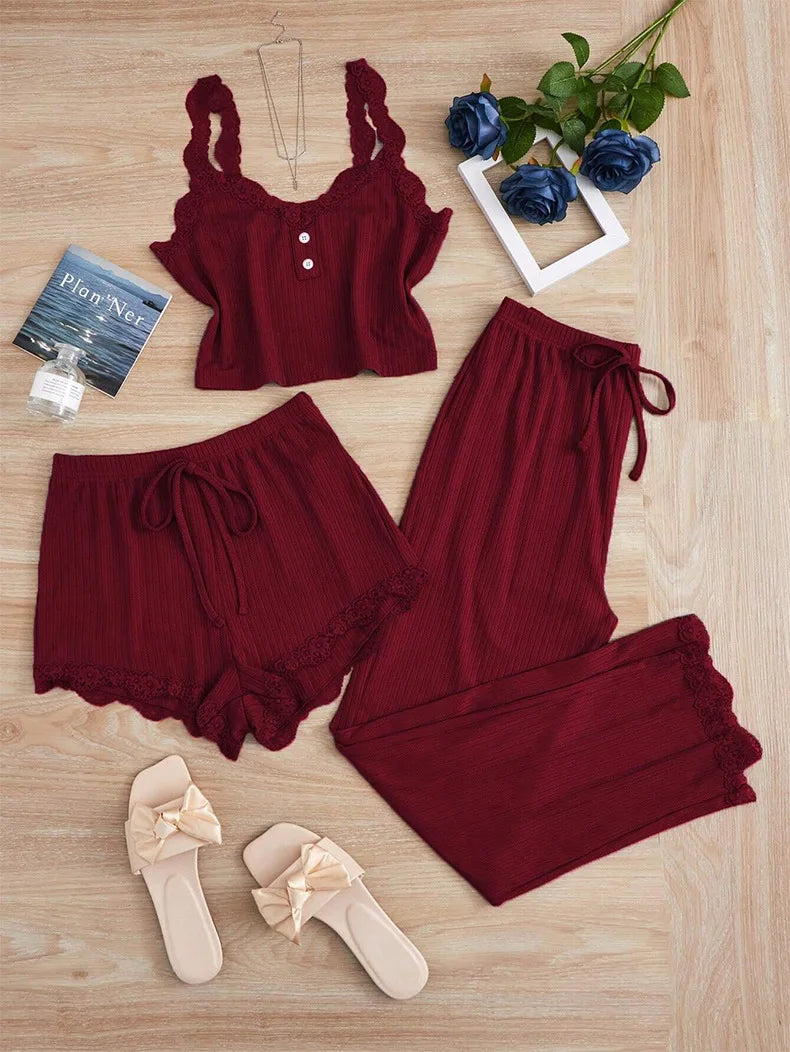 Comfortable 3-Piece Women's Pajamas Set with Lace Splicing