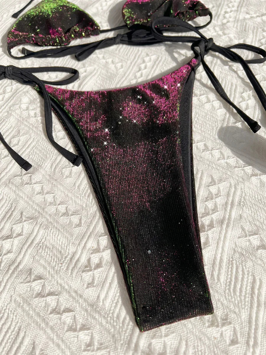 Shiny Gradient Purple Halter Strappy Bikini Female Swimsuit Women Swimwear Two-pieces Bikini Set Bather Bathing Suit Swim Lady