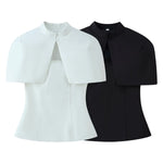Women's Fashion Casual Shawl-Style Waist-Cinching Top Solid Color For Woman Elegant Cape Sleeve Top For Women White Black 81FF