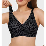 Women's Seamless Pink Leopard Print Bra Wire-Free Bra Full Cup Soft Thin Mold Support Breathable and Beauty Deep V Plus Up Bra
