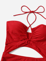2026 Drawstring Swimsuit Solid Cut Out Knot Halter One Piece Swimwear Women Padded Bathing Suit Female Swimming Summer Beachwear