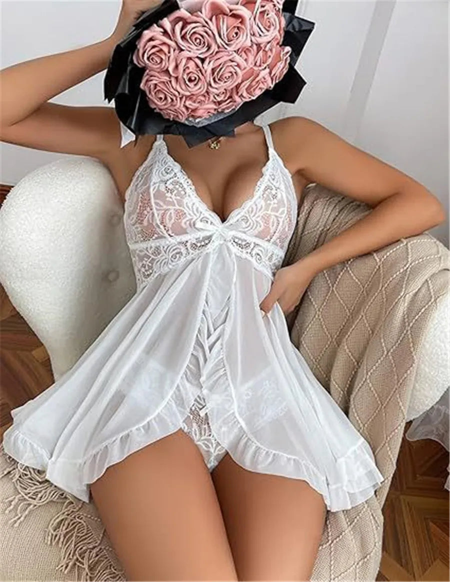 Summer New Lace See Through Nightgown for Women Solid Color Slim Fit Soft V-Neck Long Style Popular Sleepwear Fashionable Dress