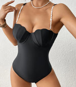 Push Up One Piece Swimsuit Female 2026 Swimwear Women Scallop Bathing Suits Summer Beach Wear Pearl Monokini Swimming Suit Black