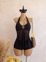 Sexy Beige Two Piece Bikini Set 2026 Women Metal Sun Ornament Mesh Tank Top High Waist Swimsuit Holiday Bathing Suit Swimwear