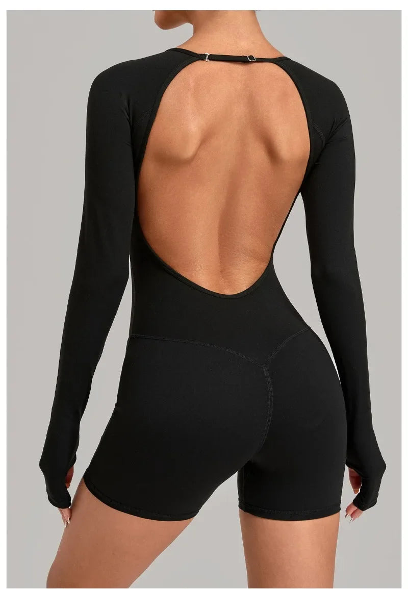 Women's Yoga Jumpsuits Sports Fitness Hip-lifting Long-sleeved Backless Running Training Workout Gym Shorts One-piece Bodysuits