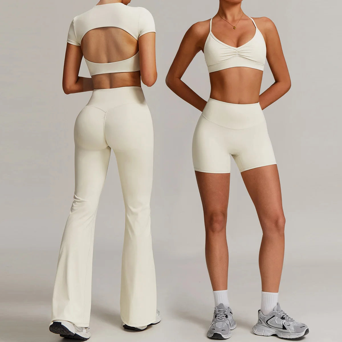 Women 2PCS Yoga Suit Sports Gym Set Tracksuit Workout Long Sleeve Shirt Fitness Flared leggings Short sleeve shorts running suit