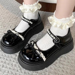 Women Pearl Lace Bow Platform Mary Jane Shoes Adjustable Buckle Strap Chunky Sole Sweet Lolita JK Casual Dress Shoes Black White