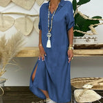 Autumn Spring Women Dress V Neck Loose Short Sleeves with Cufflink Split Hem Dress Buttons Pullover A-line Beach Maxi Dress