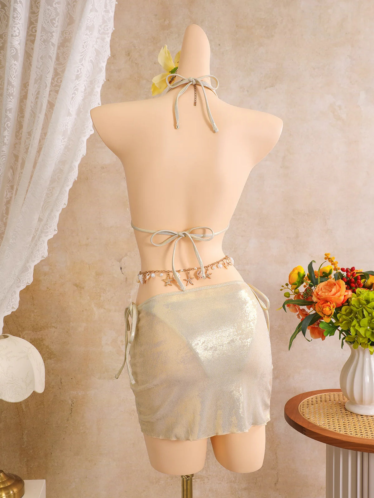 Sexy Beige 3D Flowers Embroidered Bikini Set 2026 Women Drawstring Cover Up 3 Piece Swimsuit Beach Bathing Suit Holiday Swimwear