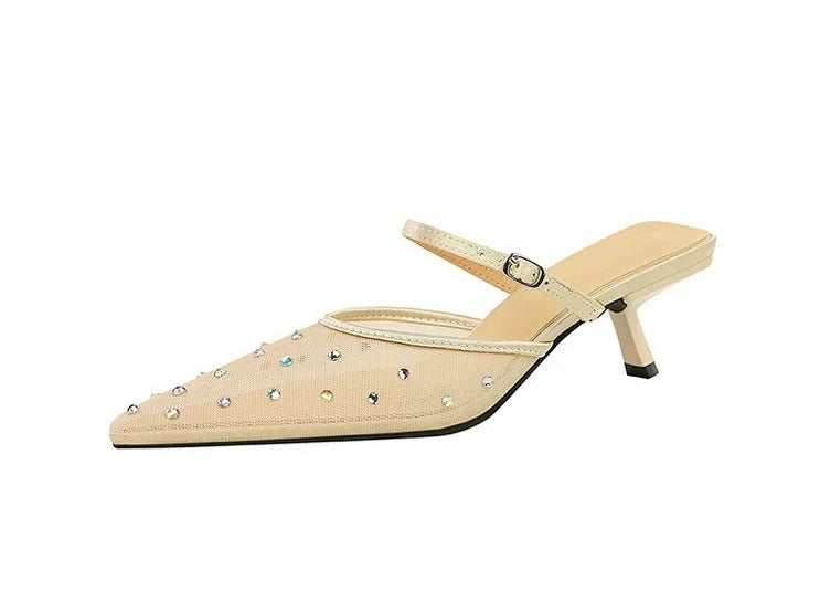 BIGTREE Crystal Mesh Fabric Pointed Toe Slippers Women Sexy Elegant Buckle Strap Party Prom Thin Low Heels Mule Shoes