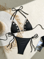 Shell Decoration Ribbed Halter Strappy Bikini Women Swimwear Female Swimsuit Two-pieces Bikini Set Bather Bathing Suit Swim Lady