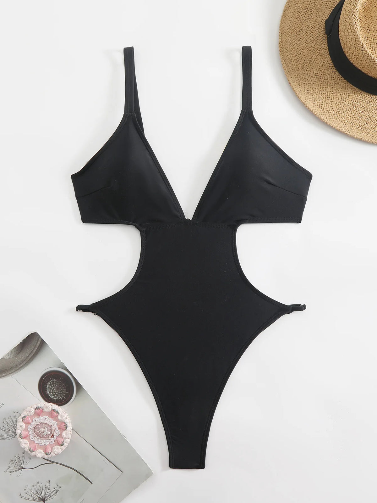 Sexy Hollow Out Backless Thong Bikini 2026 Women Black Coffee Golden Bead One Piece Swimsuit Beach Bathing Suit Holiday Swimwear